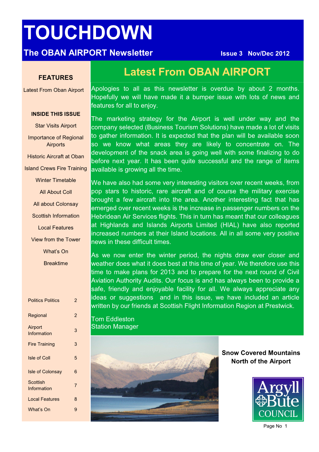 TOUCHDOWN the OBAN AIRPORT Newsletter