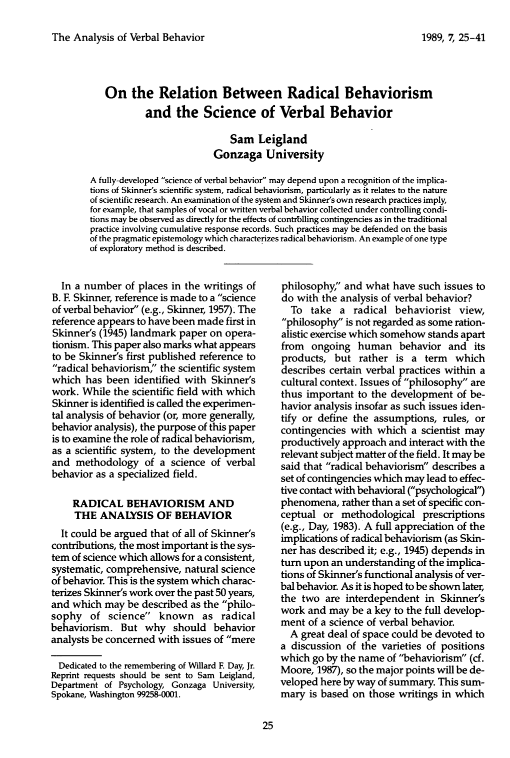 On the Relation Between Radical Behaviorism and the Science of Verbal Behavior Sam Leigland Gonzaga University