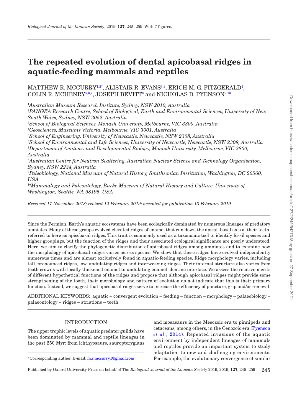 The Repeated Evolution of Dental Apicobasal Ridges in Aquatic-Feeding Mammals and Reptiles