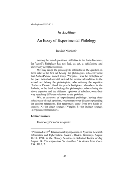 In Andibus an Essay of Experimental Philology