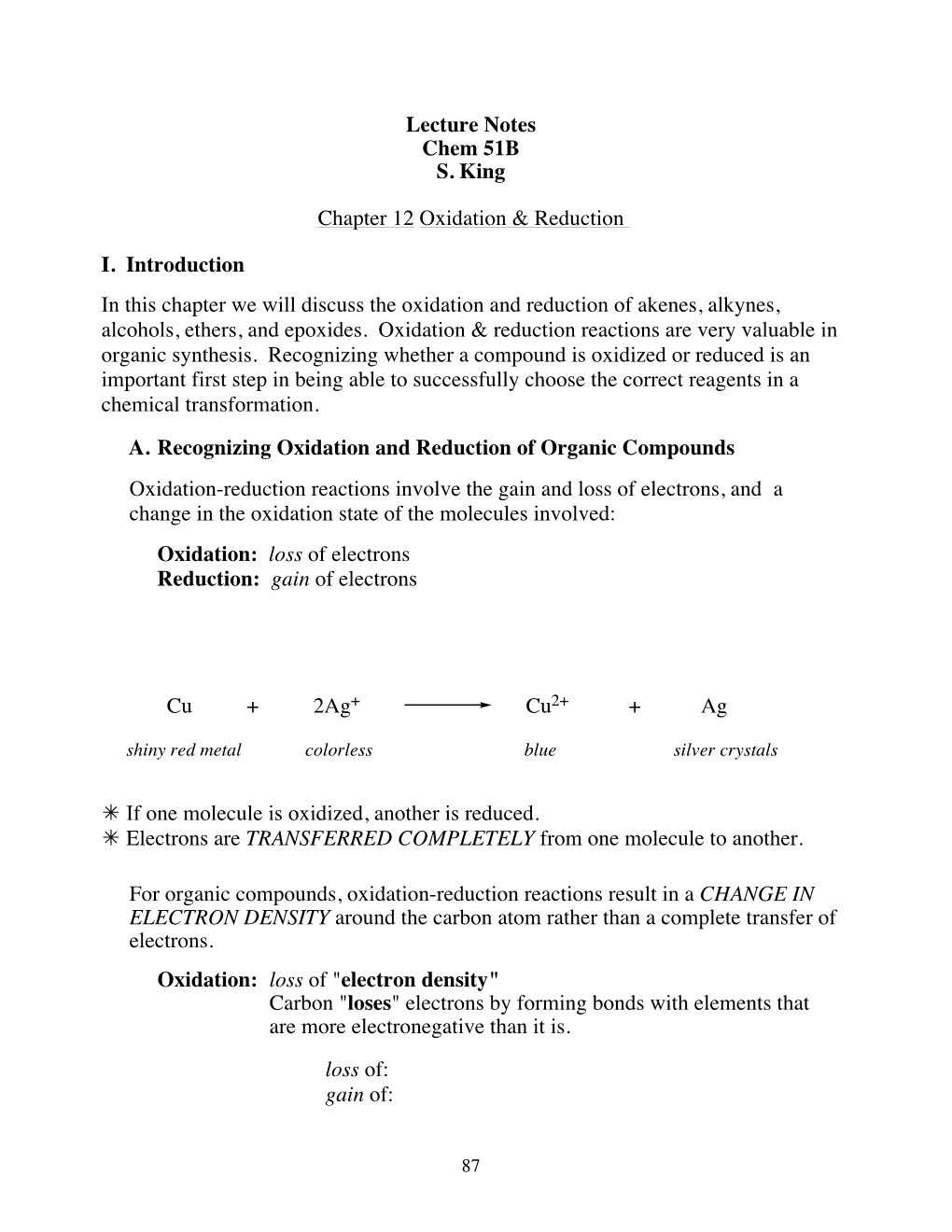 Lecture Notes Chem 51B S. King Chapter 12 Oxidation & Reduction I