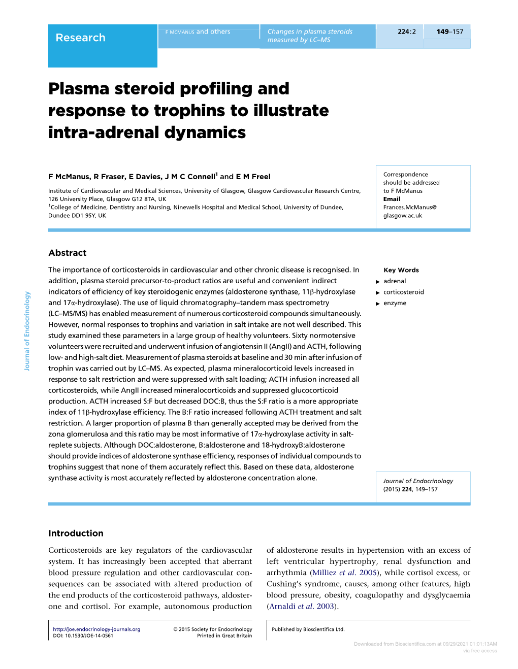 Plasma Steroid Profiling and Response to Trophins to Illustrate Intra