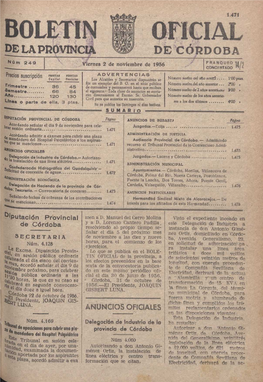 BOLETIN DE LA PROVINC \CÓRDOBA N Ü M 249 Viernes 2 De Noviembre De 1956 FRANQUEO 11/9 CONCERTADO Mi