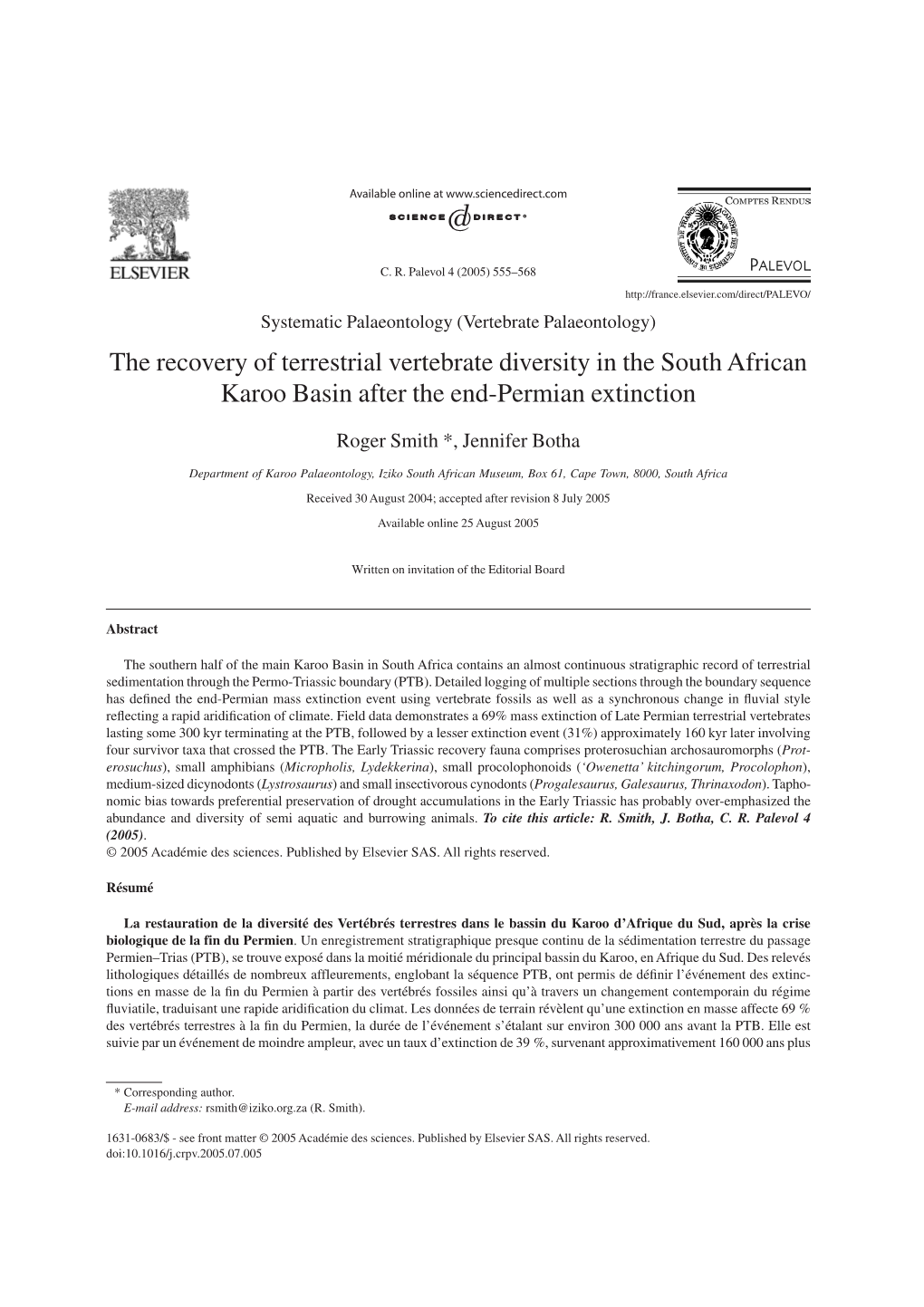 The Recovery of Terrestrial Vertebrate Diversity in the South African Karoo Basin After the End-Permian Extinction