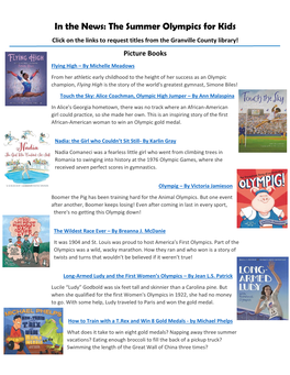 In the News: the Summer Olympics for Kids Click on the Links to Request Titles from the Granville County Library! Picture Books