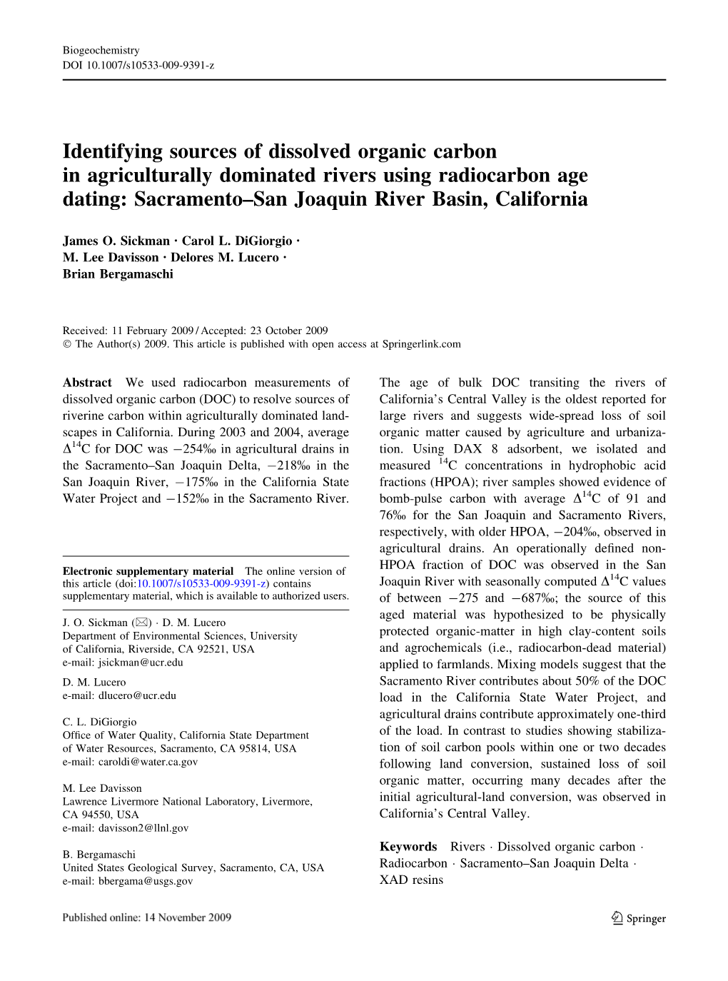 Identifying Sources of Dissolved Organic Carbon in Agriculturally Dominated Rivers Using Radiocarbon Age Dating: Sacramento–San Joaquin River Basin, California