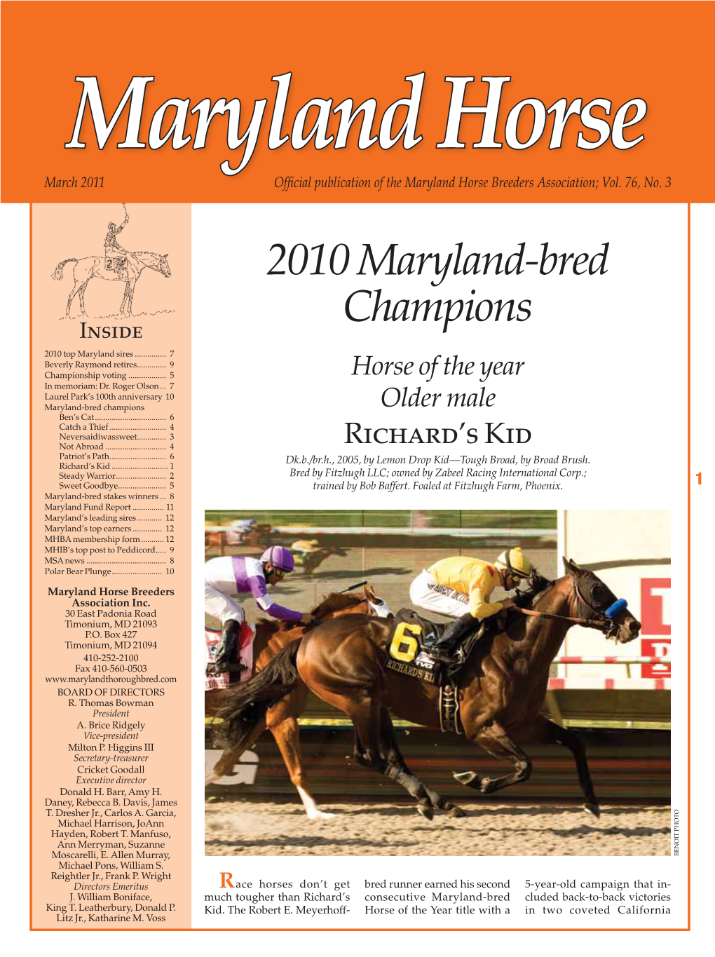 2010 Maryland-Bred Champions Inside 2010 Top Maryland Sires