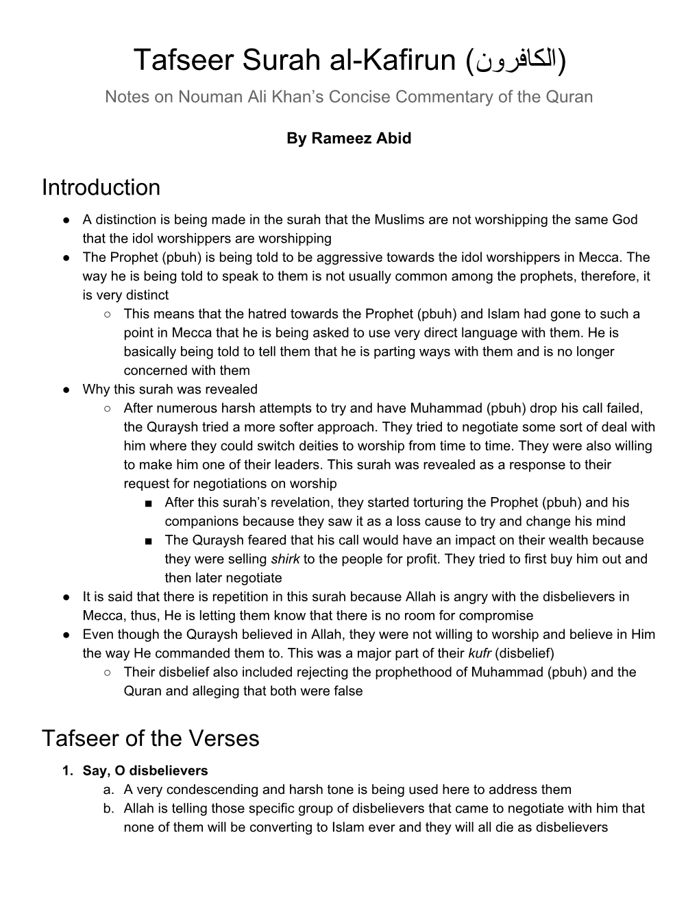 Tafseer Surah Al-Kafirun Notes on Nouman Ali Khan’S Concise Commentary of the Quran