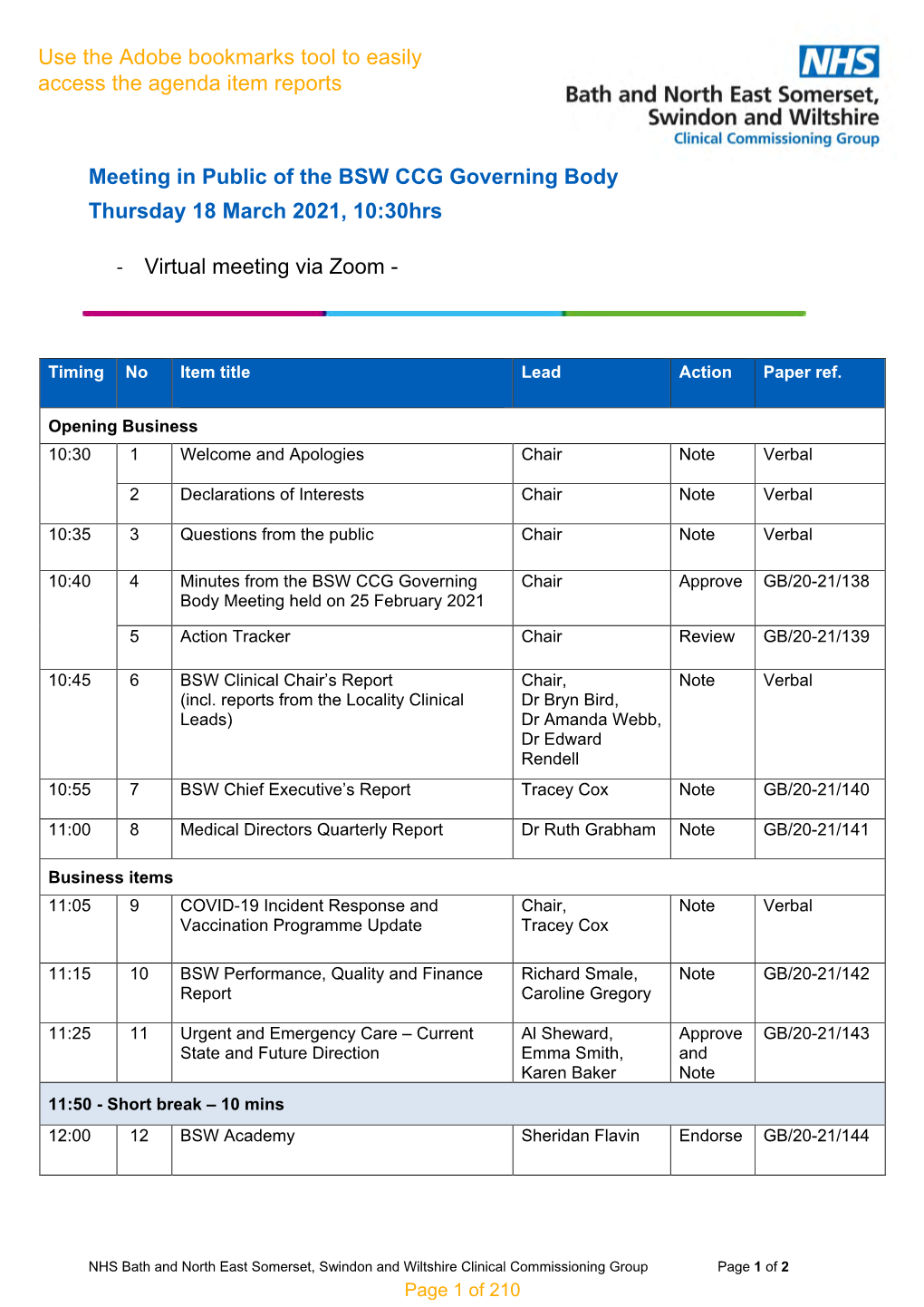 Meeting in Public of the BSW CCG Governing Body Thursday 18 March 2021, 10:30Hrs