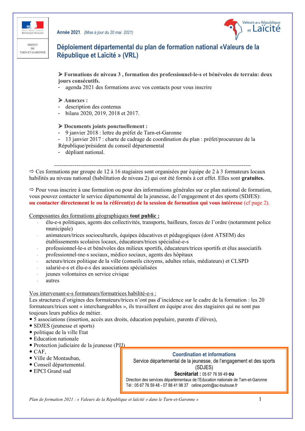 Déploiement Départemental Du Plan De Formation National «Valeurs De La République Et Laïcité » (VRL)