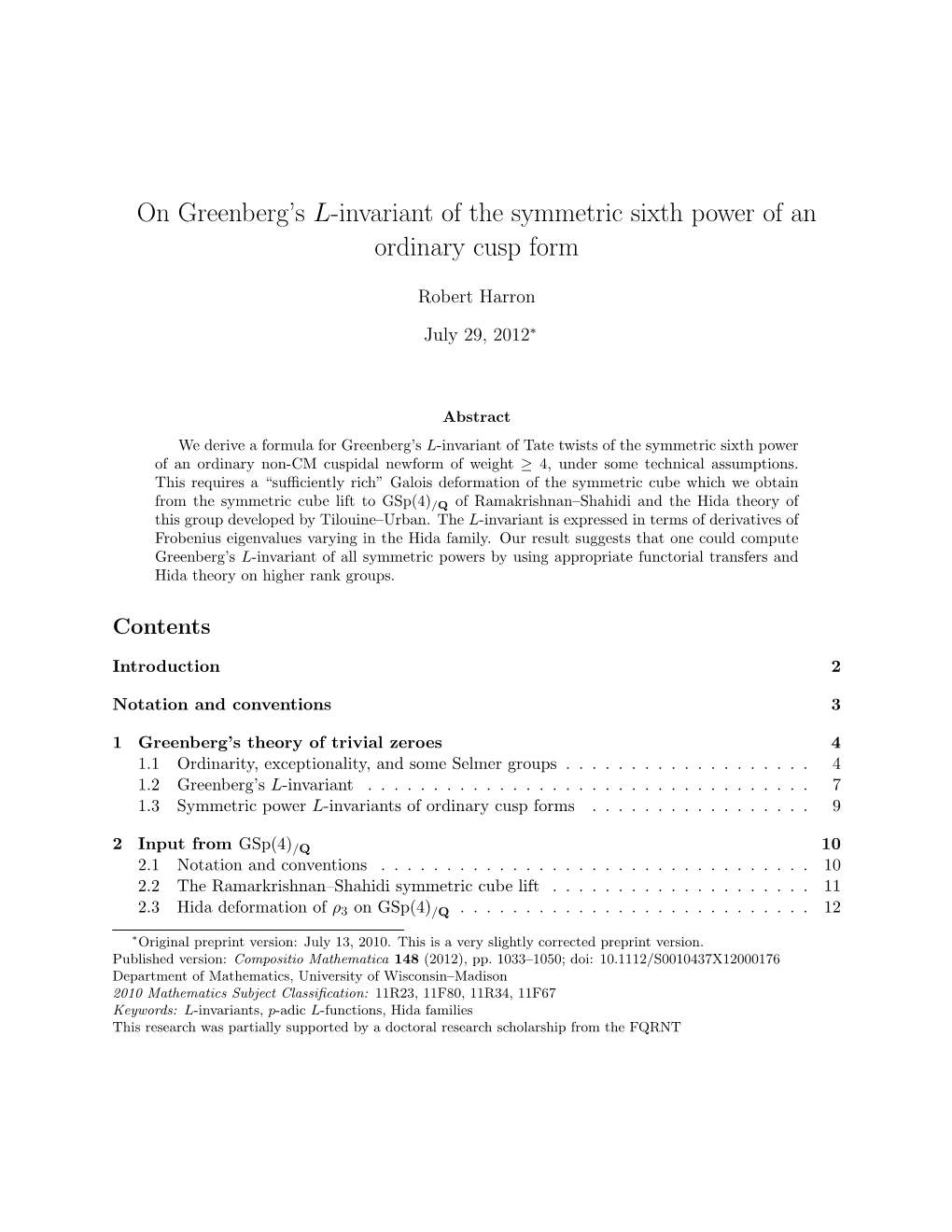 On Greenberg's L-Invariant of the Symmetric Sixth Power of An