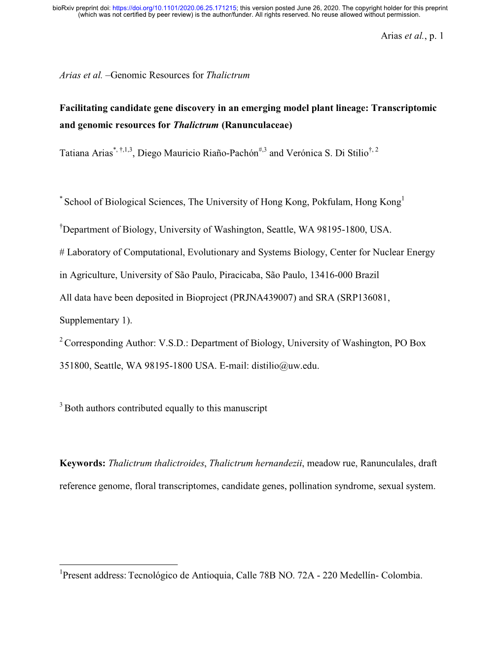 Transcriptomic and Genomic Resources for Thalictrum (Ranunculaceae)