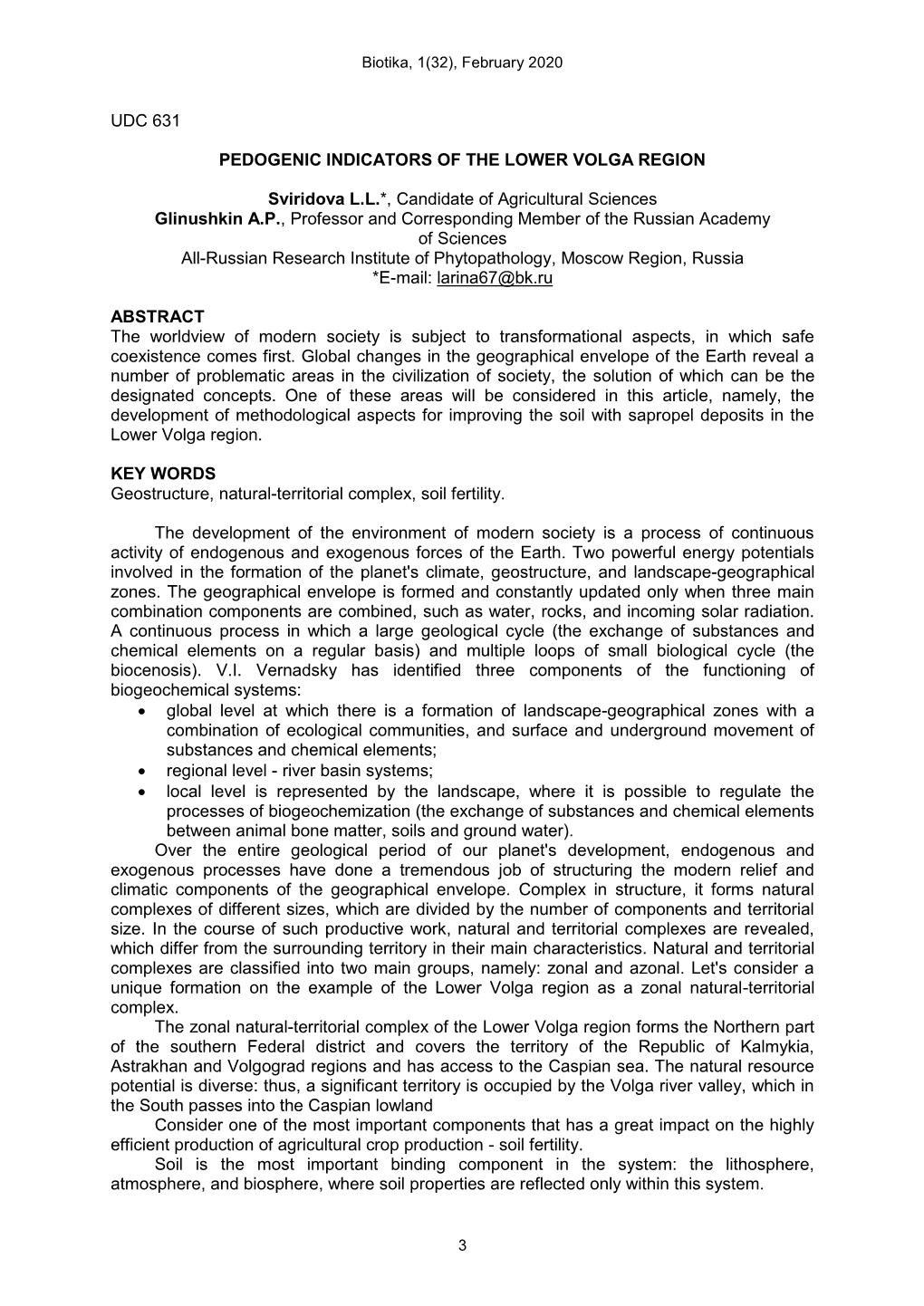 Udc 631 Pedogenic Indicators of the Lower Volga Region