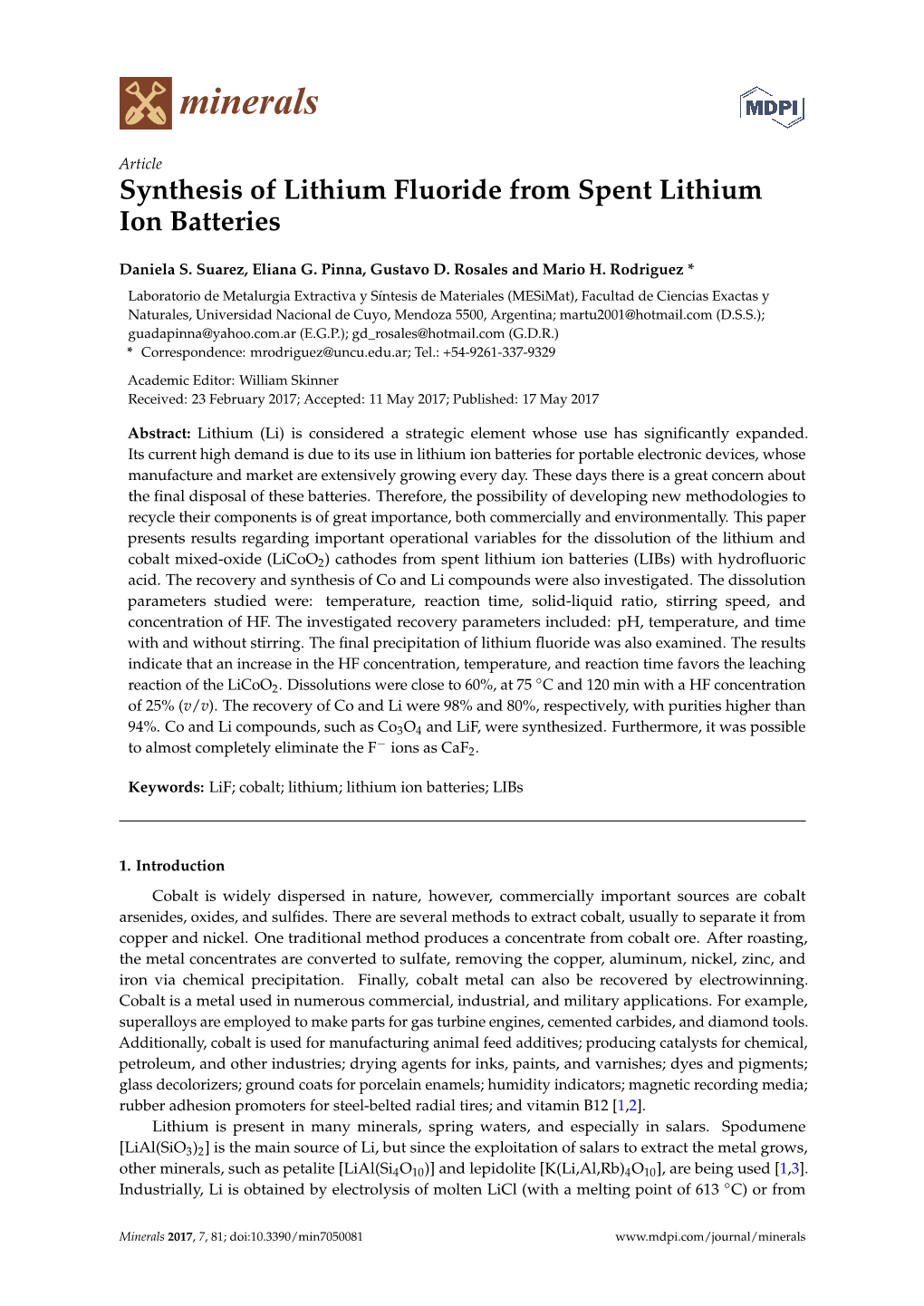 Synthesis of Lithium Fluoride from Spent Lithium Ion Batteries