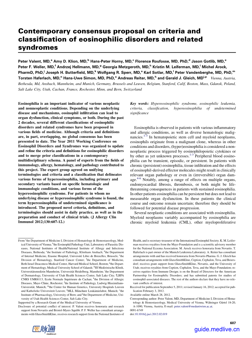 Contemporary Consensus Proposal on Criteria and Classification of Eosinophilic Disorders and Related Syndromes