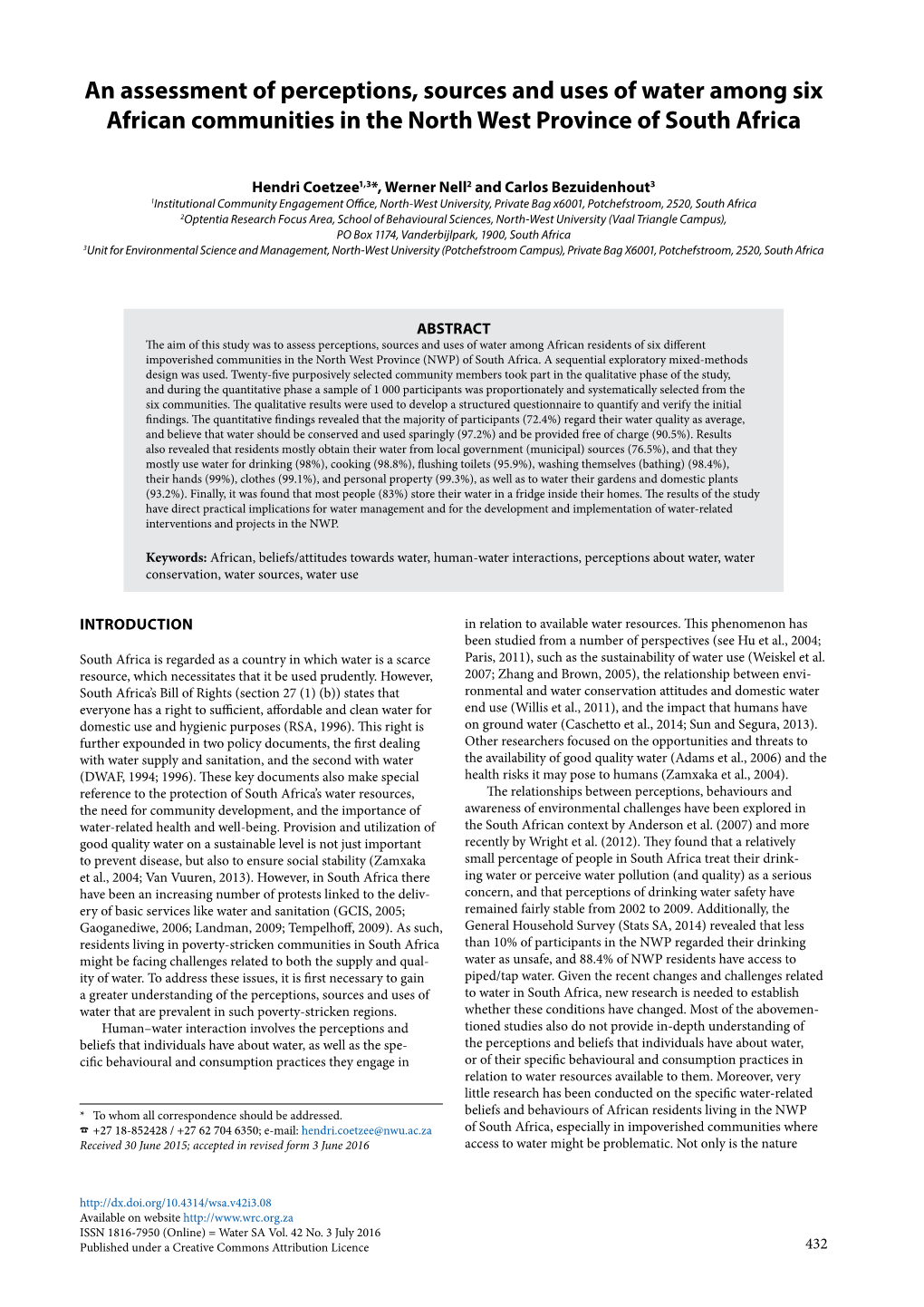 An Assessment of Perceptions, Sources and Uses of Water Among Six African Communities in the North West Province of South Africa