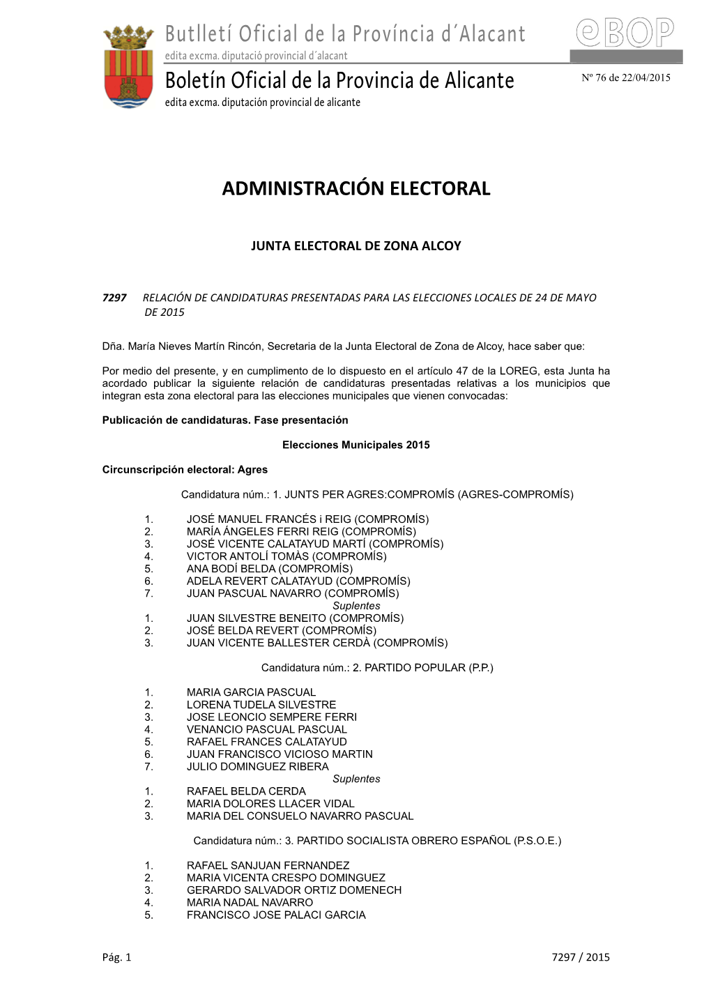 Junta Electoral De Zona De Alcoy, Hace Saber Que