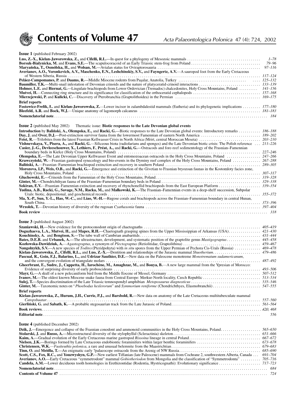 Contents of Volume 47 Acta Palaeontologica Polonica 47 (4): 724, 2002