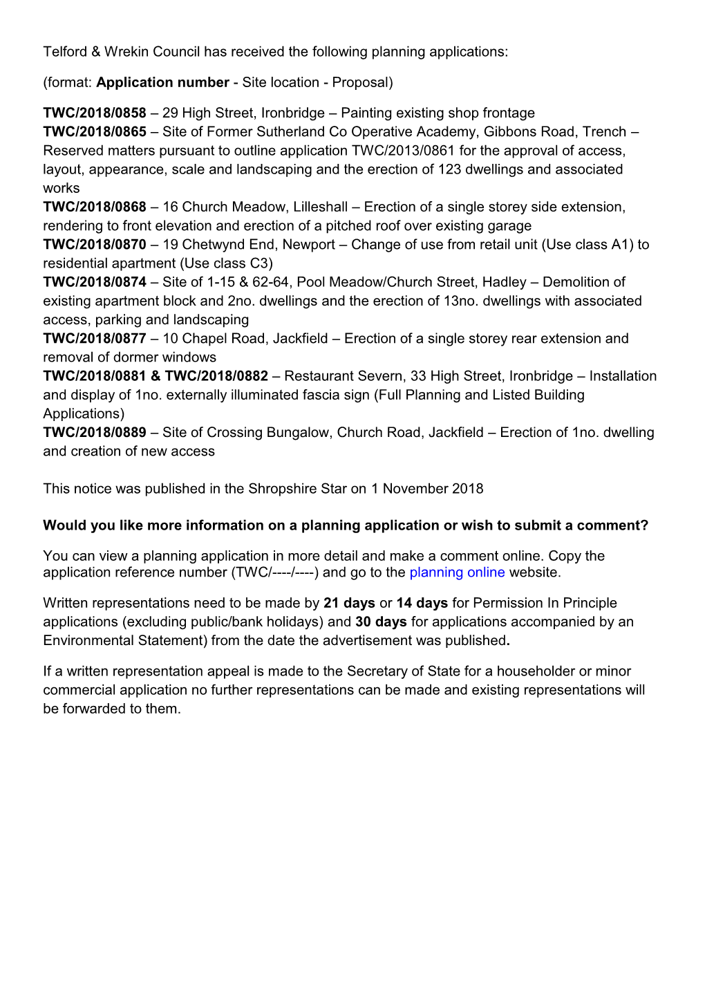 Telford & Wrekin Council Has Received the Following Planning Applications