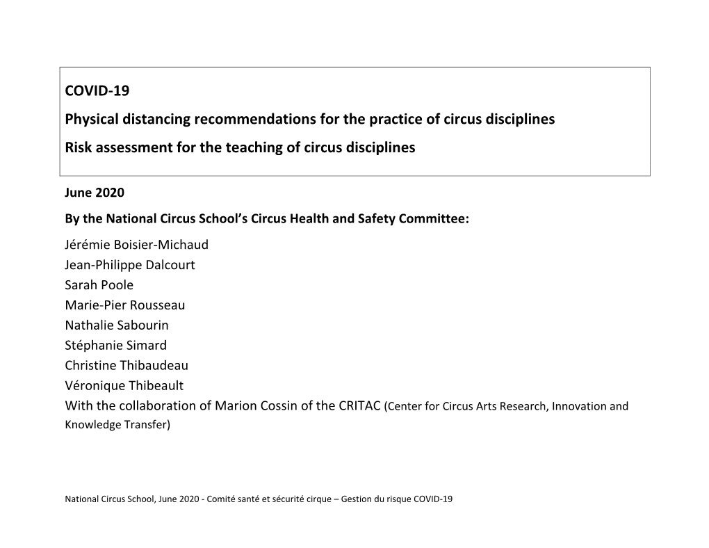 COVID-19 Physical Distancing Recommendations for the Practice of Circus Disciplines Risk Assessment for the Teaching of Circus Disciplines