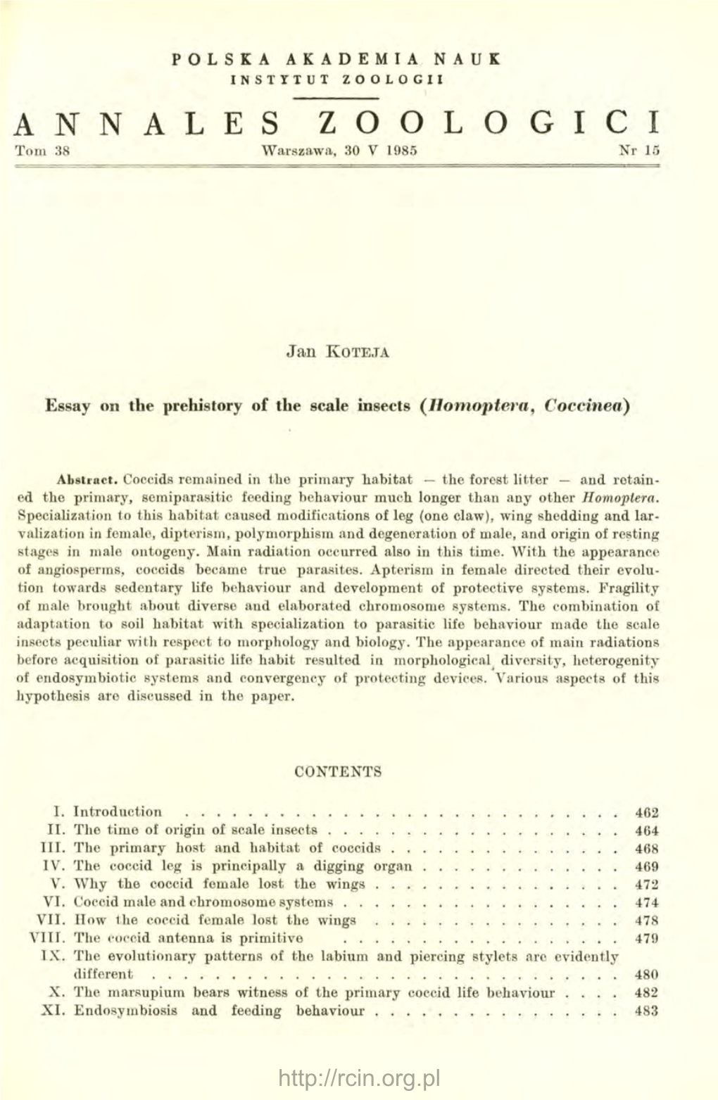 Essay on the Prehistory of the Scale Insects ( Homoptera , Coccinea)