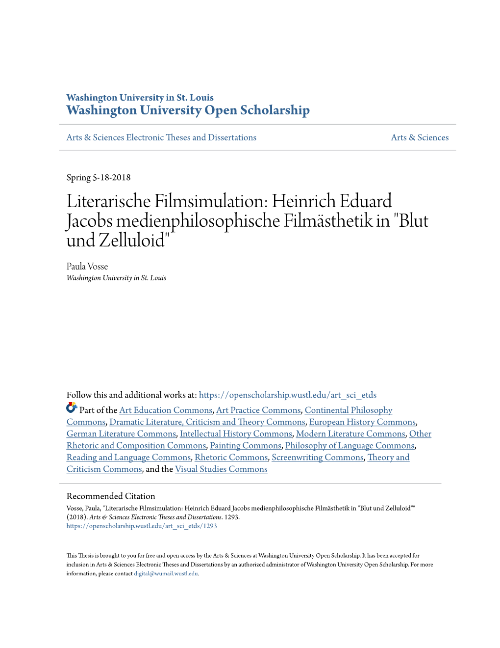 Heinrich Eduard Jacobs Medienphilosophische Filmästhetik in "Blut Und Zelluloid" Paula Vosse Washington University in St