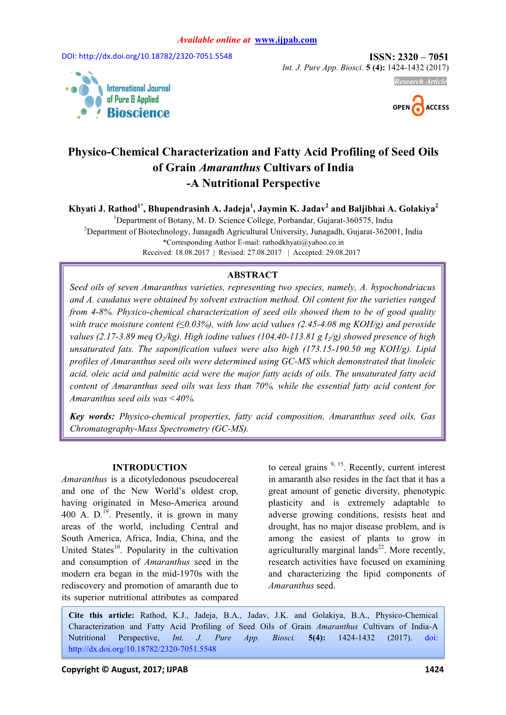 Physico-Chemical Characterization and Fatty Acid Profiling of Seed Oils of Grain Amaranthus Cultivars of India -A Nutritional Perspective