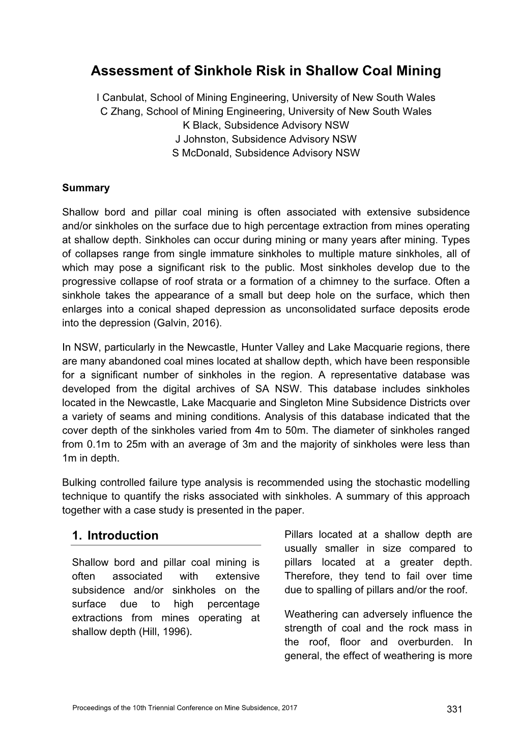 Assessment of Sinkhole Risk in Shallow Coal Mining