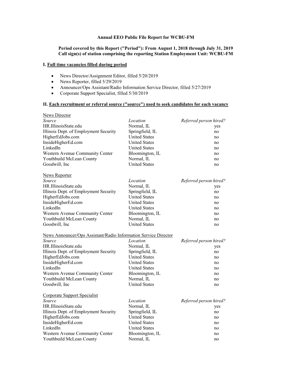 2019 Annual EEO Public File Report for WCBU