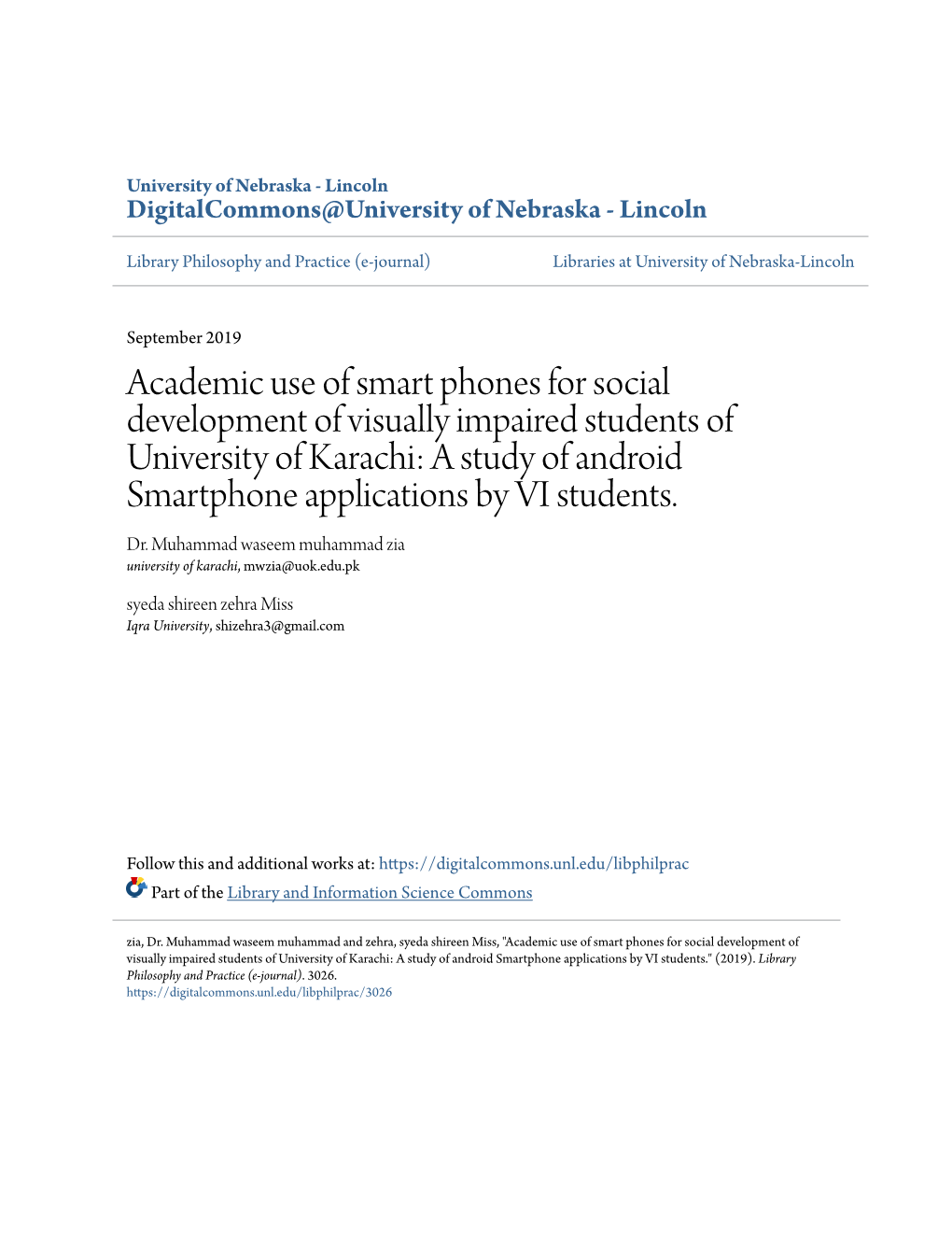 Academic Use of Smart Phones for Social Development of Visually Impaired Students of University of Karachi: a Study of Android Smartphone Applications by VI Students