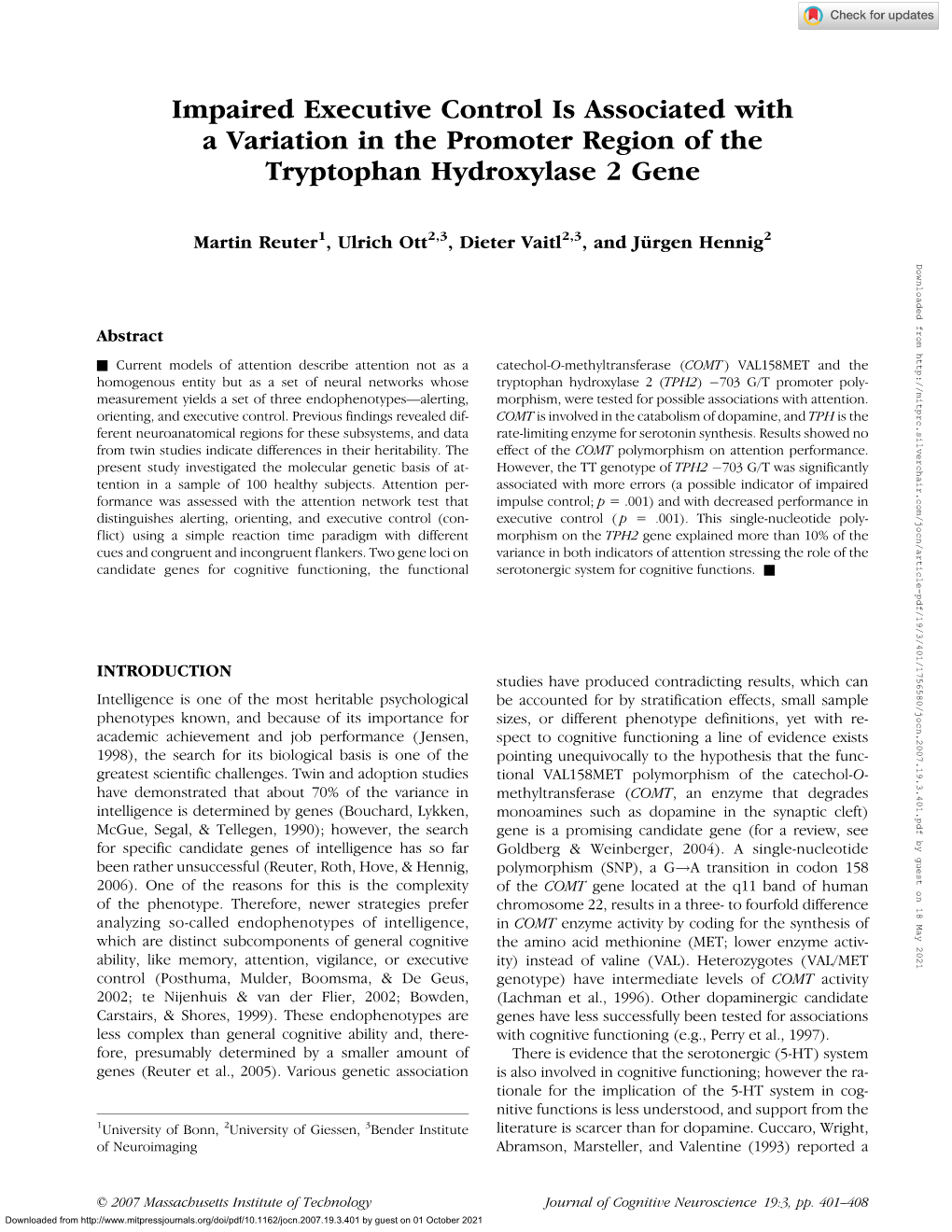 Impaired Executive Control Is Associated with a Variation in the Promoter Region of the Tryptophan Hydroxylase 2 Gene