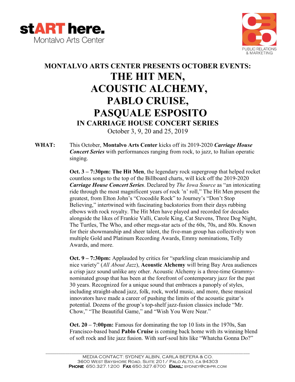 THE HIT MEN, ACOUSTIC ALCHEMY, PABLO CRUISE, PASQUALE ESPOSITO in CARRIAGE HOUSE CONCERT SERIES October 3, 9, 20 and 25, 2019