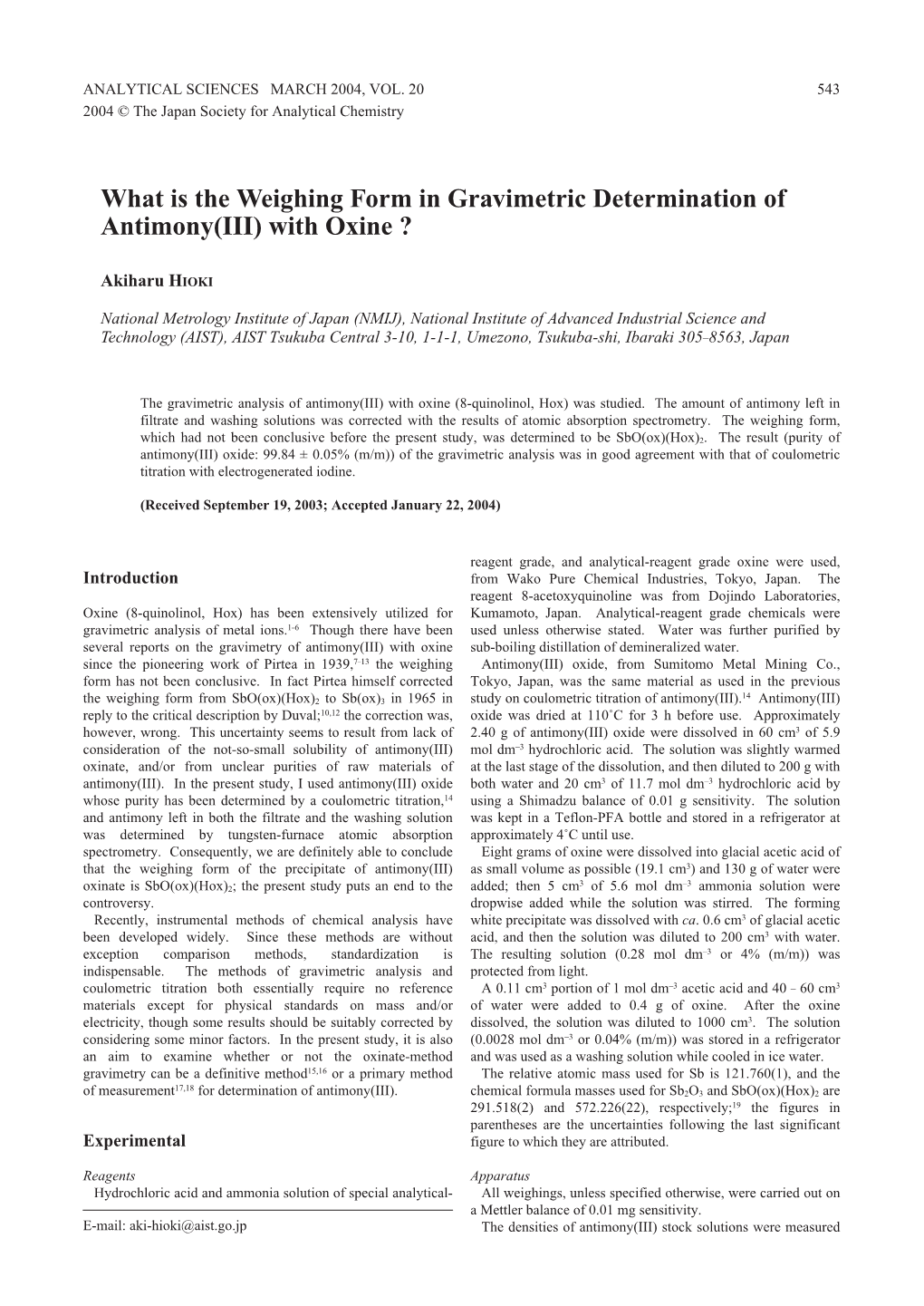 What Is the Weighing Form in Gravimetric Determination of Antimony(III) with Oxine ?