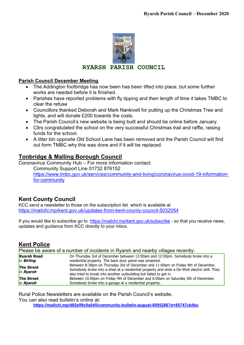 Ryarsh Parish Council – December 2020