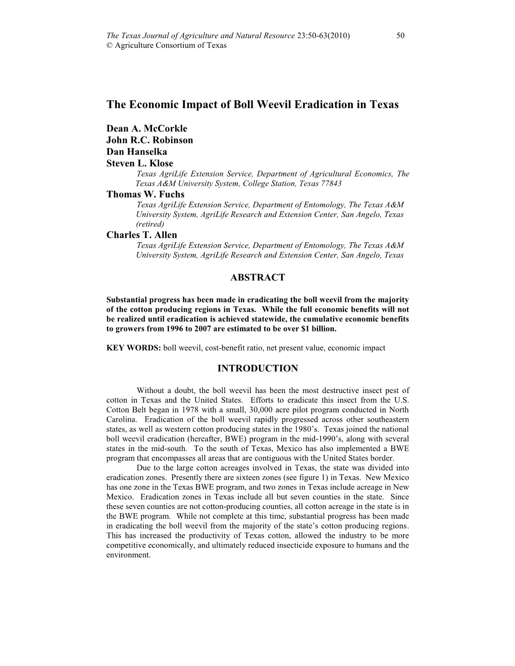 The Economic Impact of Boll Weevil Eradication in Texas