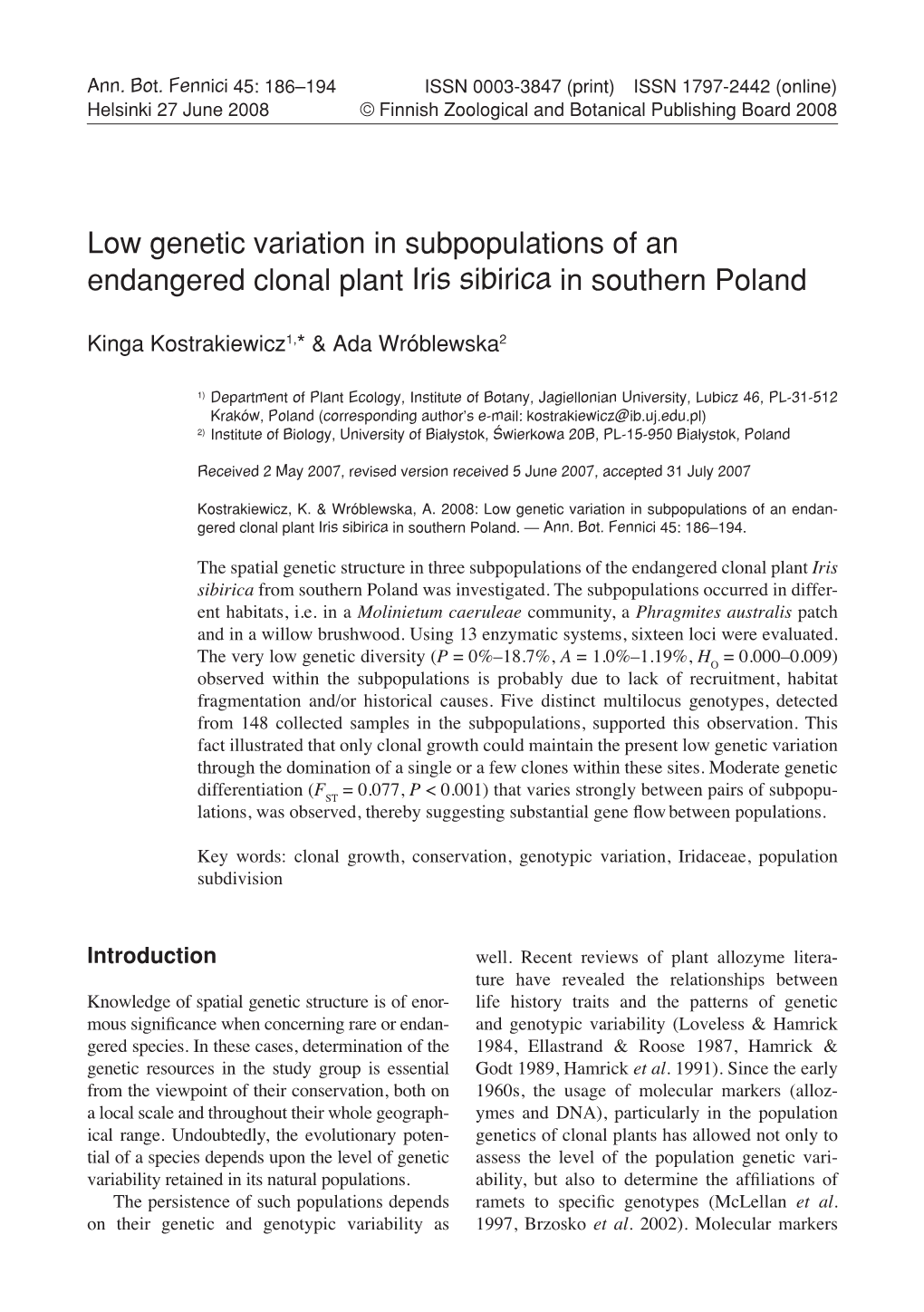 Low Genetic Variation in Subpopulations of an Endangered Clonal Plant Iris Sibirica in Southern Poland