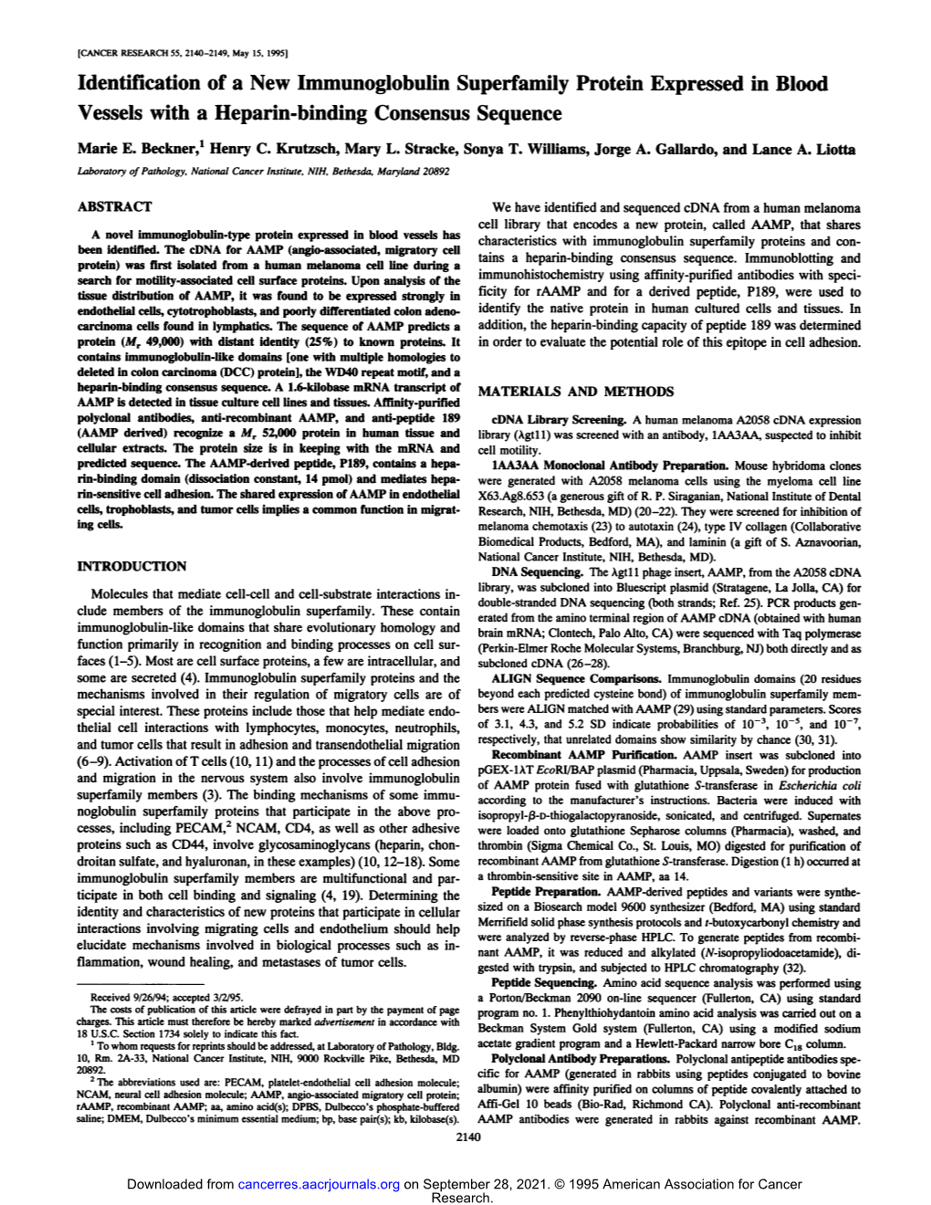 Identification of a New Immunoglobulin Superfamily Protein Expressed in Blood Vessels with a Heparin-Binding Consensus Sequence