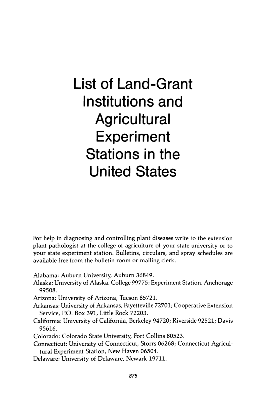 List of Land-Grant Institutions and Agricultural Experiment Stations in the United States