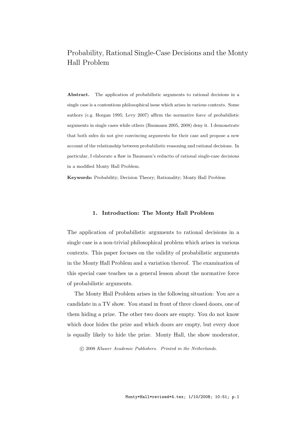 Probability, Rational Single-Case Decisions and the Monty Hall Problem