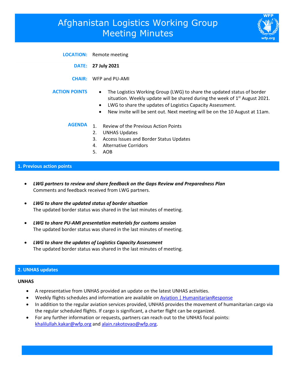 Afghanistan Logistics Working Group Meeting Minutes