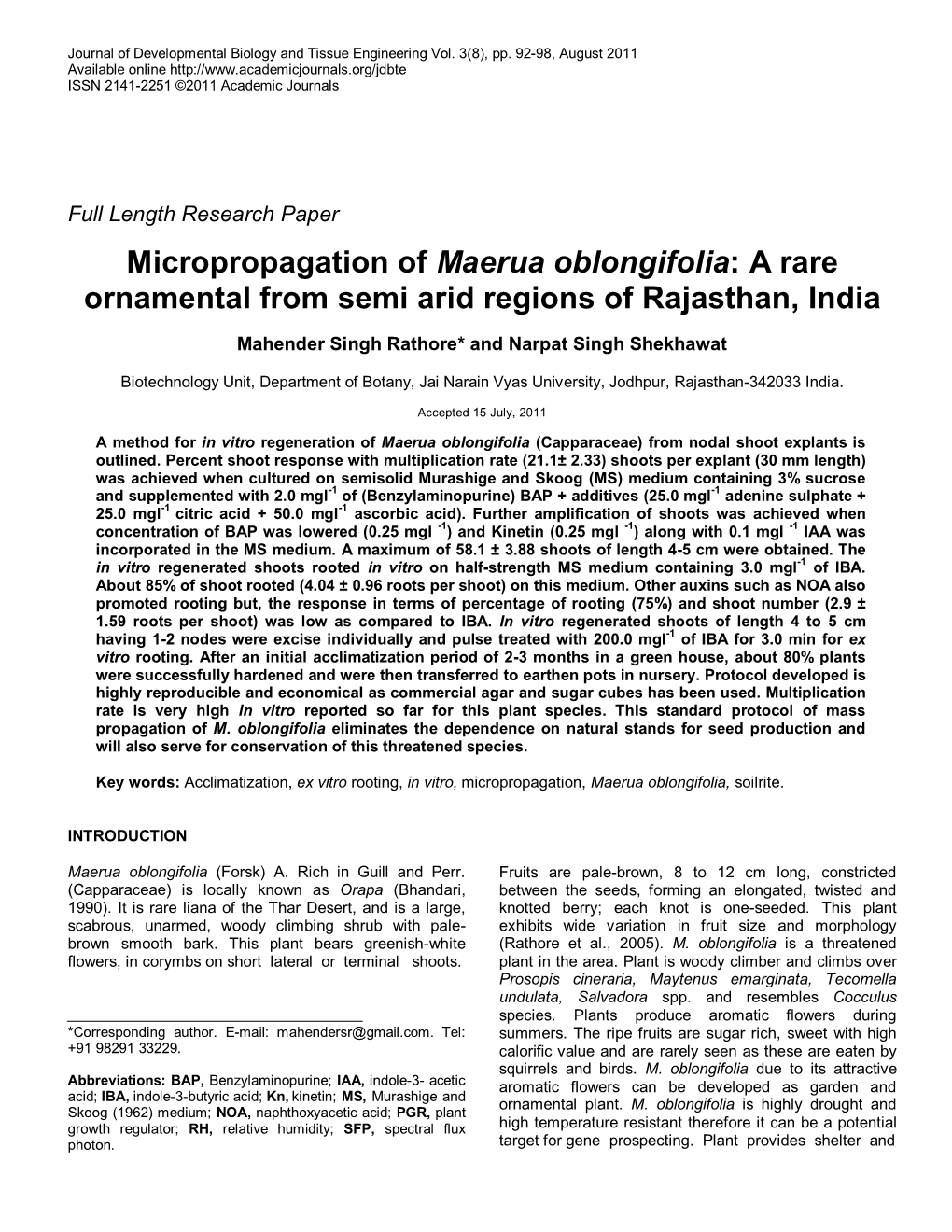 Studies on Cloning of Maerua Oblongifolia