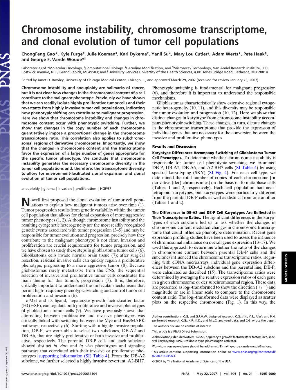 Chromosome Instability, Chromosome Transcriptome, and Clonal Evolution of Tumor Cell Populations