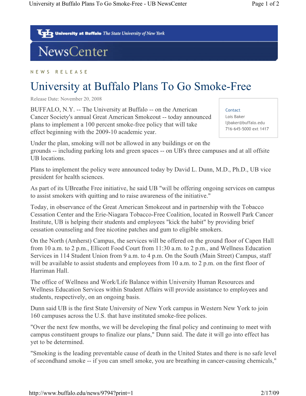 University at Buffalo Plans to Go Smoke-Free - UB Newscenter Page 1 of 2