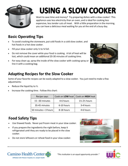 Adapting Recipes for the Slow Cooker Food Safety Tips Basic Operating