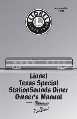 Lionel Texas Special Stationsounds Diner Owner's Manual