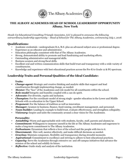 THE ALBANY ACADEMIES HEAD of SCHOOL LEADERSHIP OPPORTUNITY Albany, New York