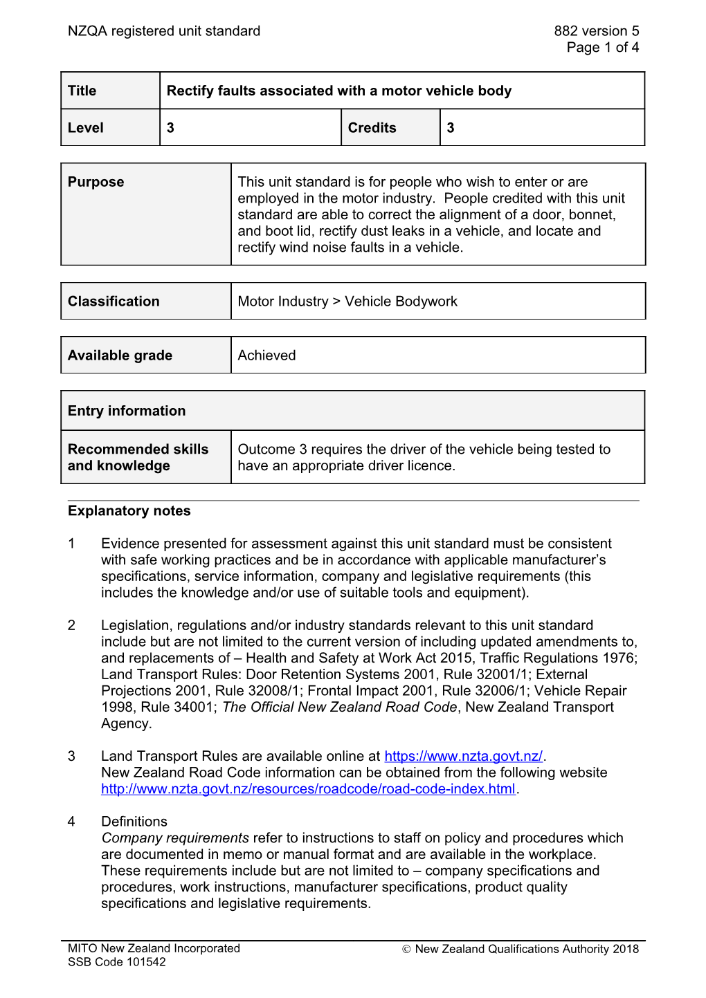 882 Rectify Faults Associated with a Motor Vehicle Body