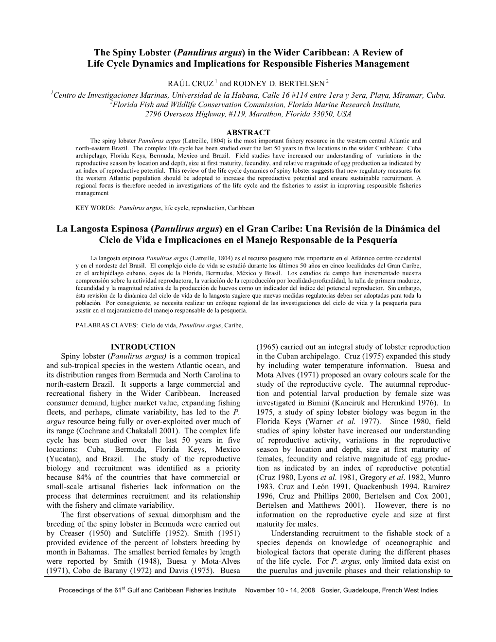 The Spiny Lobster (Panulirus Argus) in the Wider Caribbean: a Review of Life Cycle Dynamics and Implications for Responsible Fisheries Management