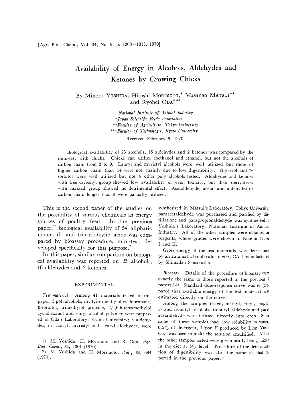 Availability of Energy in Alcohols, Aldehydes and Ketones by Growing Chicks