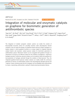 Integration of Molecular and Enzymatic Catalysts on Graphene for Biomimetic Generation of Antithrombotic Species